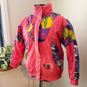 Vintage Etirel Bright Pink Colorblock Ski Jacket with Multicolor Graphic Panels